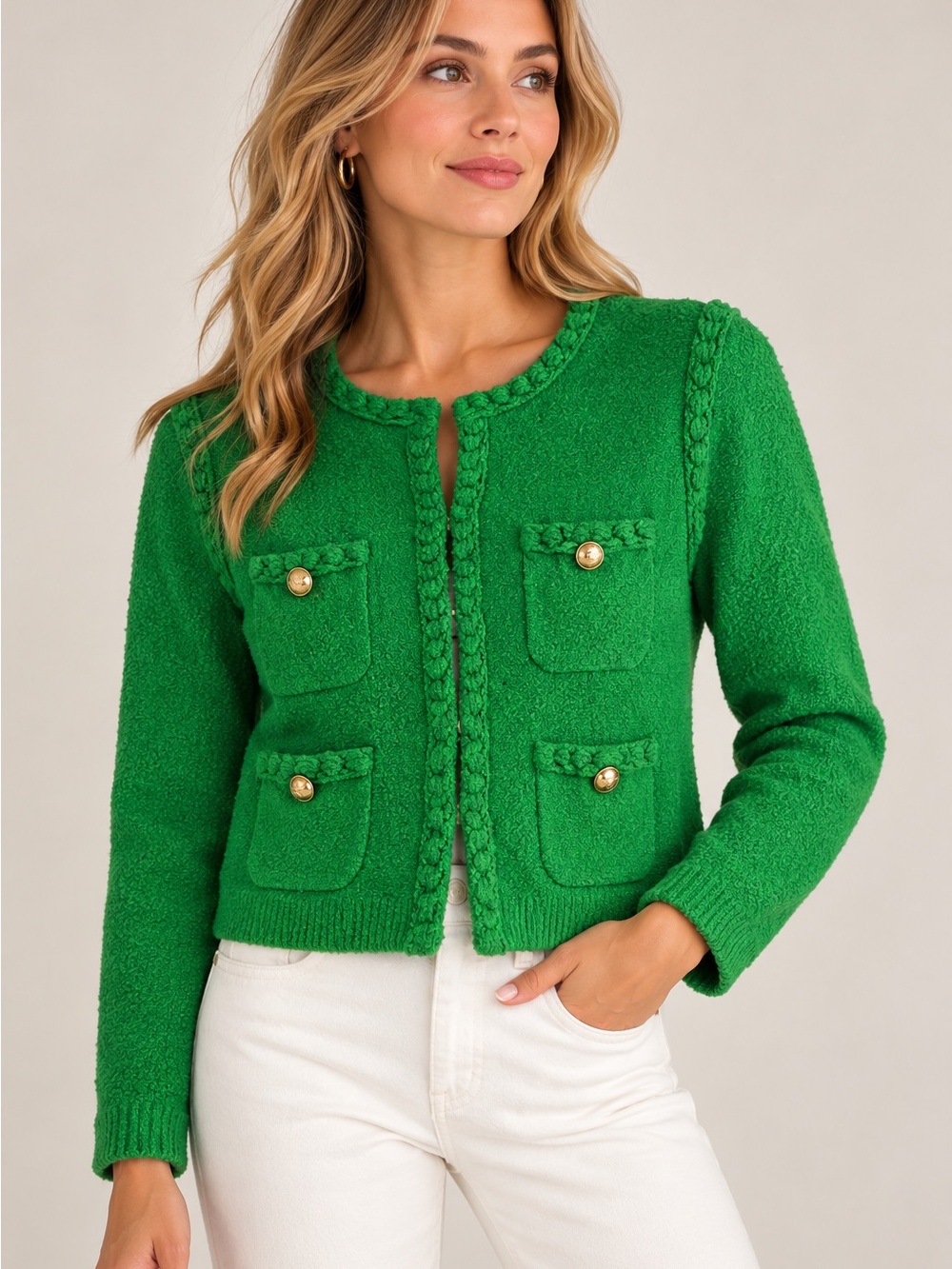 J.Crew Green Bouclé Knit Lady Jacket Cardigan Gold Buttons Size S